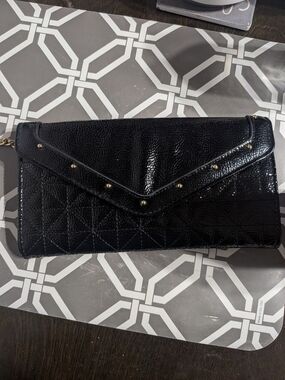 Classic Black Quilted Envelope Clutch Wristlet Stud Accents Hot Pink Card Wallet
